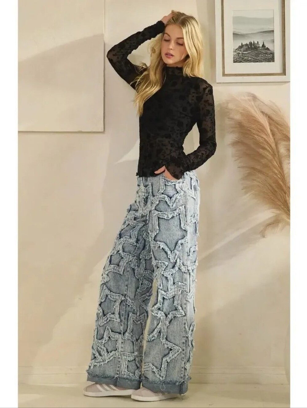 Oli "Star Party" Applique Straight Wide-Leg Star Denim Pants in Light Blue Sz S - Picture 4 of 6